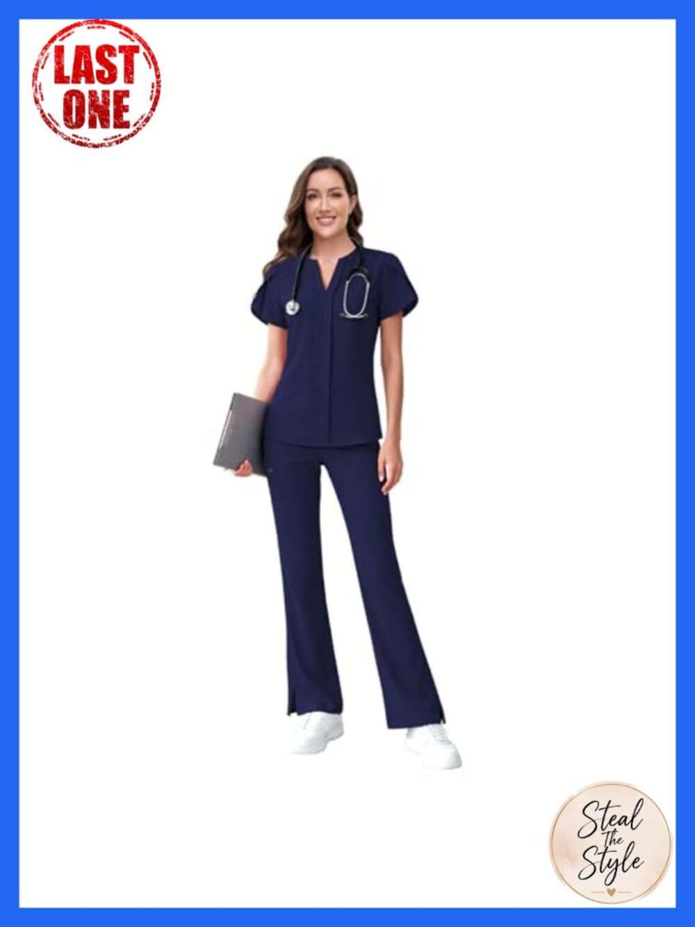 Womens Scrub Set V-Neck Top Flare Leg Pants Medical Uniform